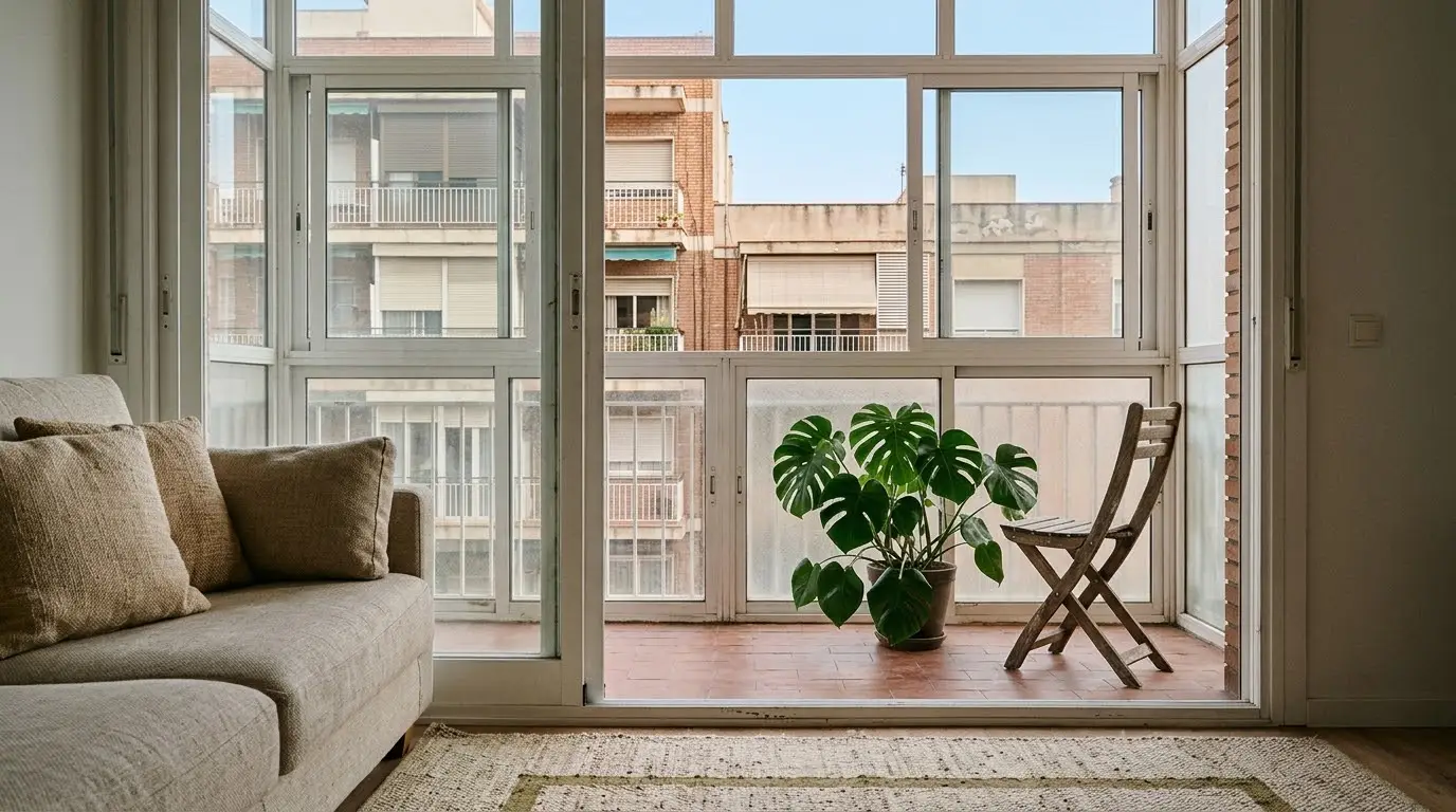 Balcón de un piso de los años setenta cerrado con ventanas correderas de aluminio blanco, visto desde el salón