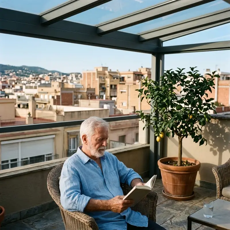 Hombre de unos sesenta años leyendo en la terraza cubierta de su ático, con vistas a los tejados