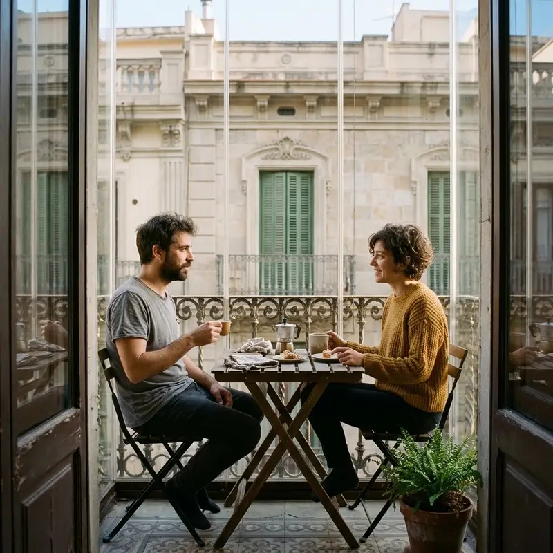 Pareja de unos treinta años tomando un café en el balcón cerrado de su piso, con plantas y luz de mañana