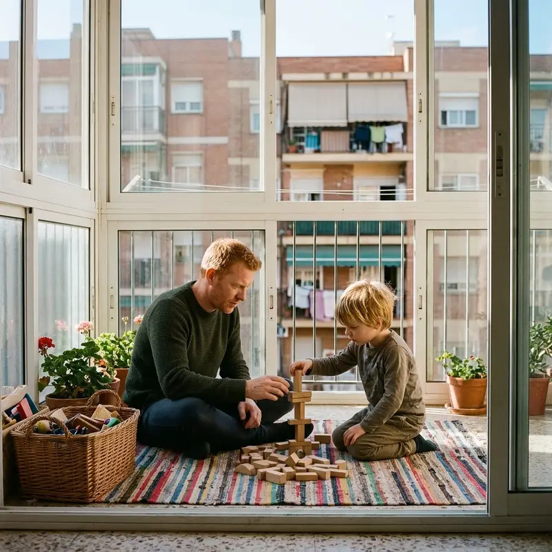 Padre de unos cuarenta años con su hijo pequeño jugando en una terraza cerrada con correderas