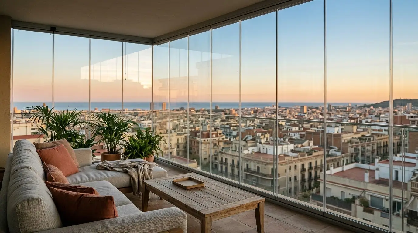 Terraza de un piso alto de Barcelona cerrada con cortinas de cristal sin perfiles, con sofá exterior y vistas a la ciudad al atardecer