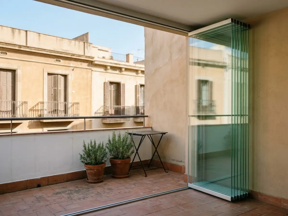 Hojas de cristal de una cortina sin perfiles recogidas y apiladas en un extremo de una terraza abierta