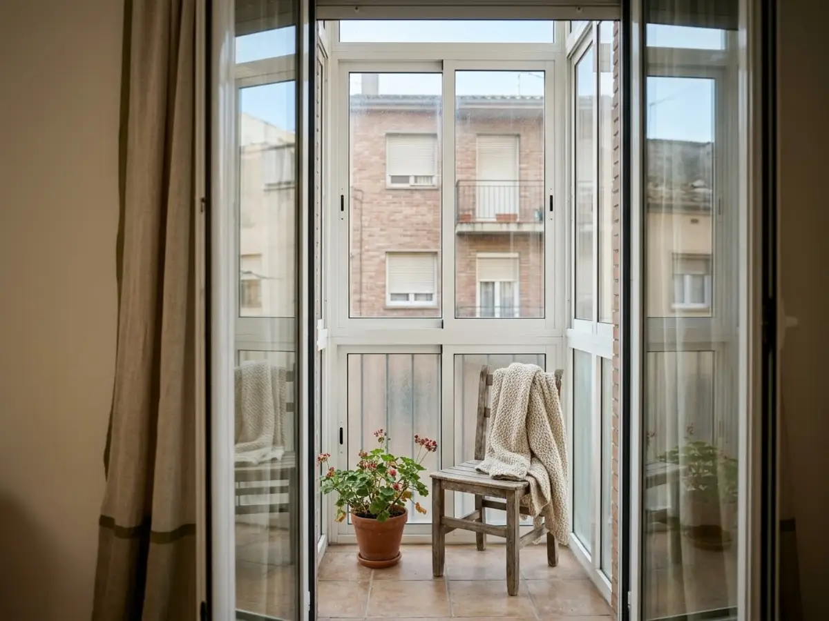 Balcón de un piso de Granollers cerrado con correderas de aluminio blanco, visto desde dentro con una planta y una silla