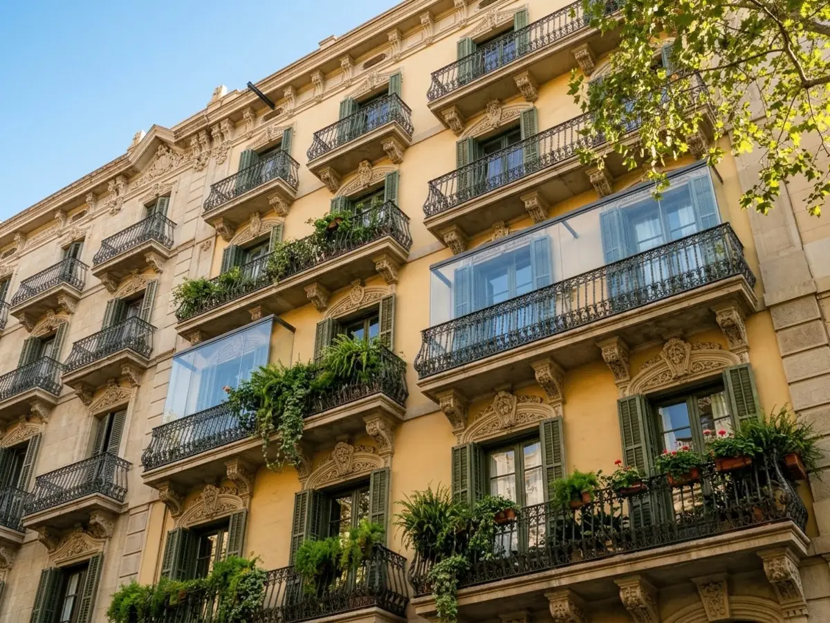 Fachada de una finca de Barcelona con balcones de hierro forjado, unos abiertos y otros cerrados con cristal