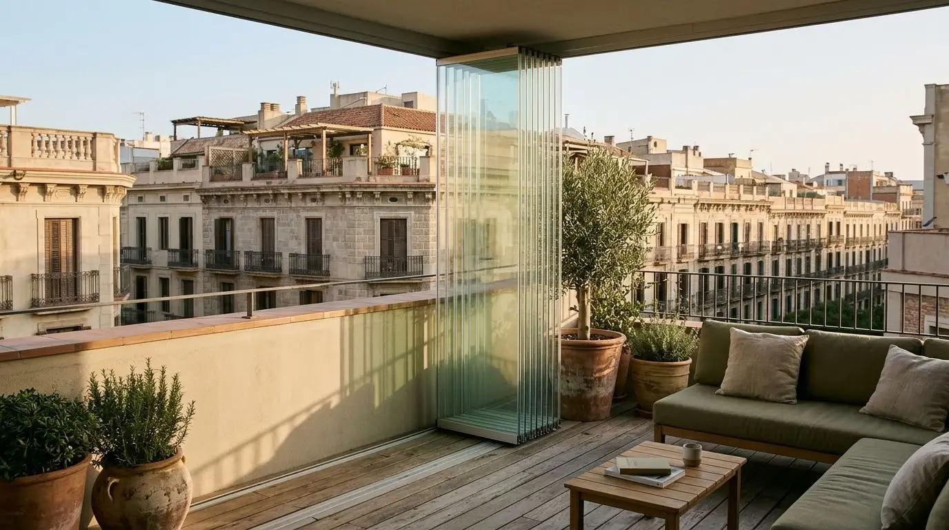 Terraza de un ático de Barcelona cerrada con cortinas de cristal recogidas a un lado, con plantas y vistas a los tejados de la ciudad