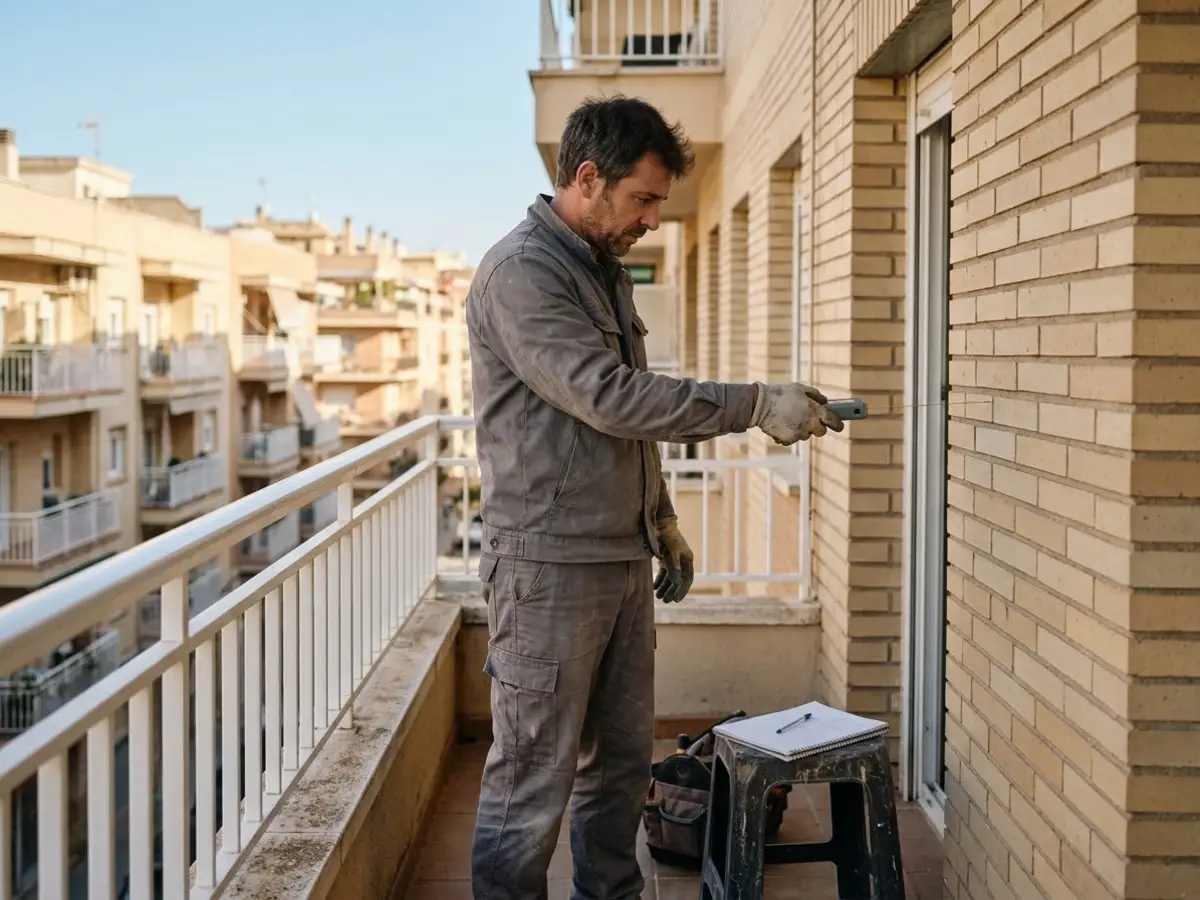 Instalador de unos cuarenta años con ropa de trabajo lisa tomando medidas del frente de una terraza con un metro láser