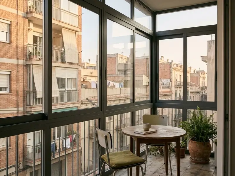 Terraza de un piso cerrada con ventanas correderas de aluminio gris y una mesa con dos sillas dentro