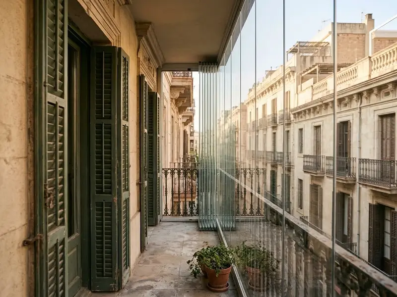 Cortinas de cristal sin perfiles a medio recoger en el balcón de un piso, con la barandilla de hierro detrás