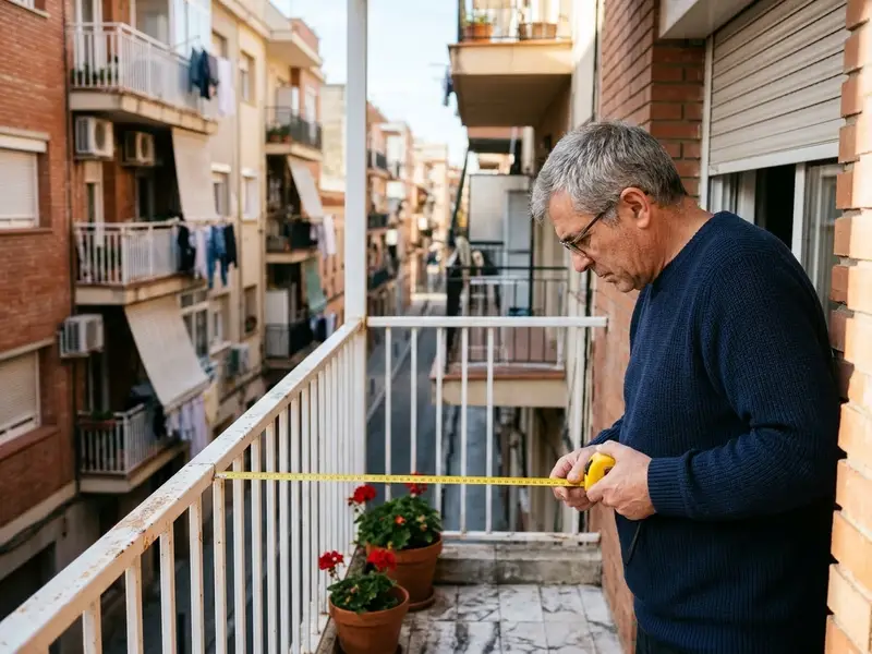 Hombre de unos cincuenta años midiendo con un metro el frente de la terraza de su piso