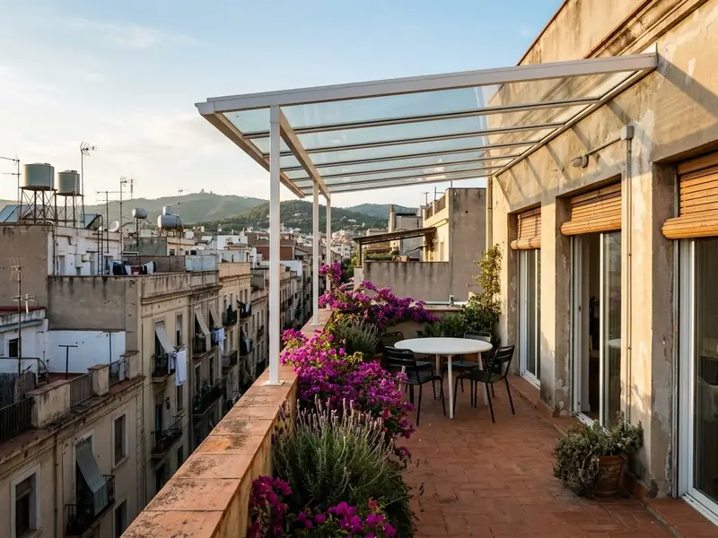 Terraza de un ático cubierta con un techo de aluminio y cristal, con luz de tarde