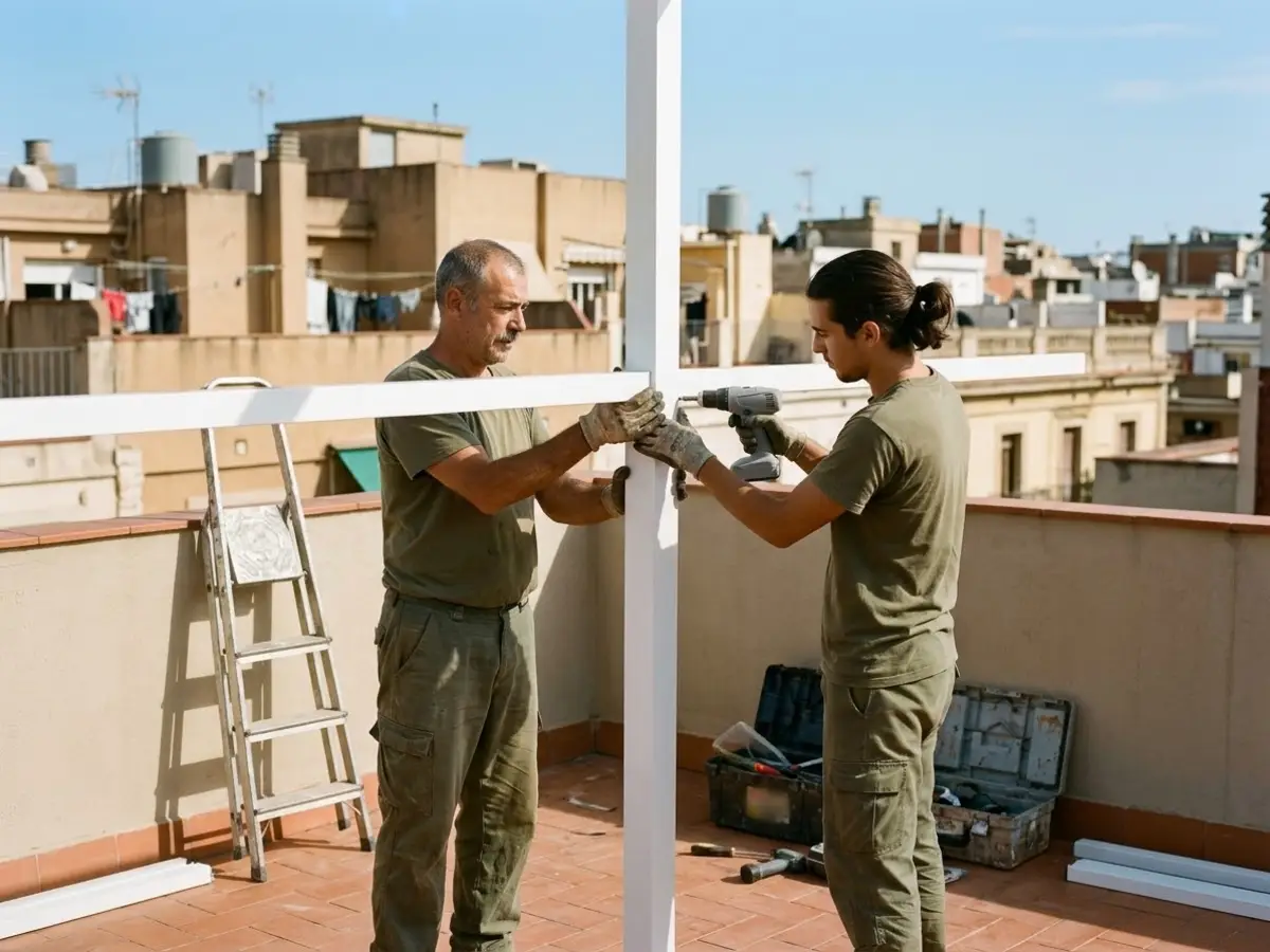 Dos instaladores con ropa de trabajo lisa montando la estructura de aluminio de un techo en la terraza de un ático